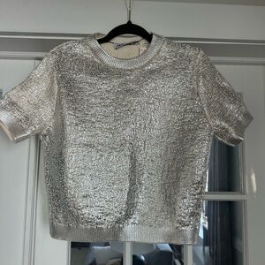 NWT Zara small  silver and cream  Metallic Short Sleeve sweater